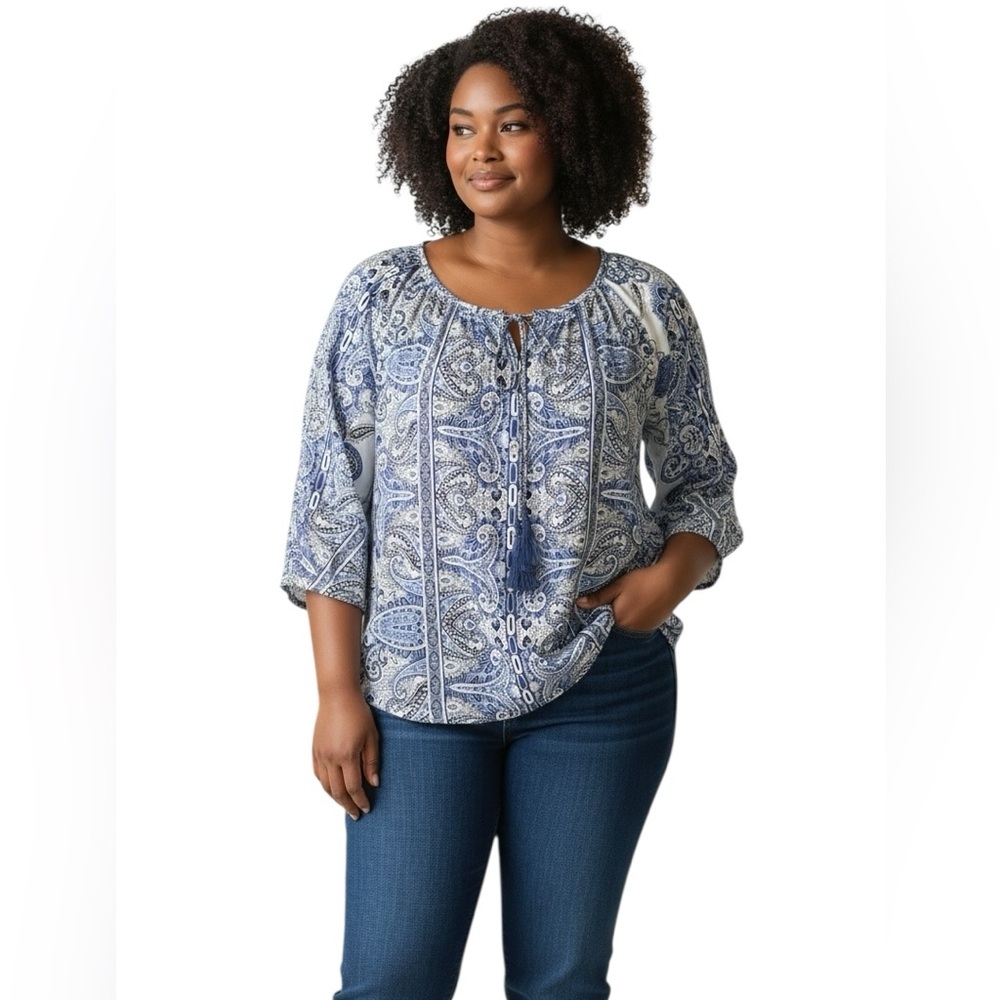 Ulla Popken boho bohemian Paisley Tie-Neck Peasant Top